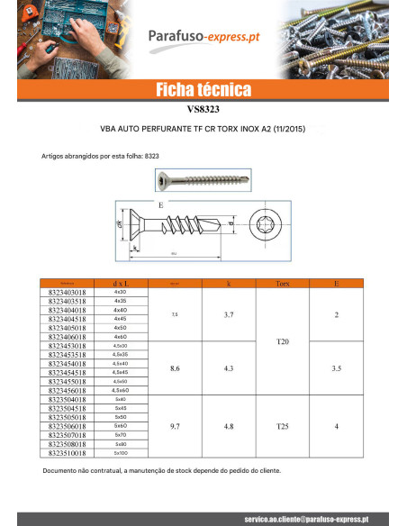 Parafuso de madeira aglomerado autoperfurante cabeça fresada dentado 4,5X50 TORX T20 Aço inoxidável A2