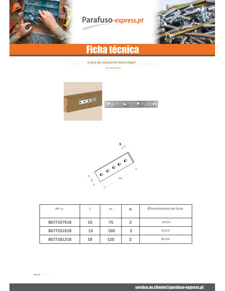 Placa de CONEXÃO ESTREITO Aço inoxidável A2 15X75