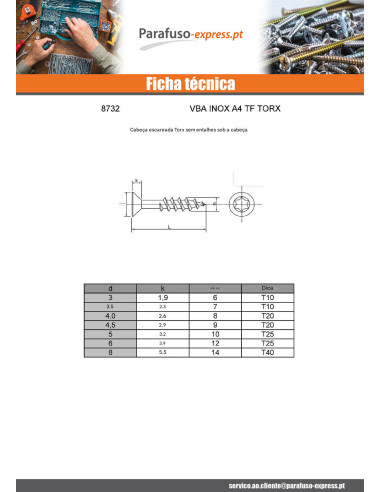 Parafuso de madeira aglomerado cabeça fresada 4X30 roscado sobre 18 TORX T20 Aço inoxidável A4
