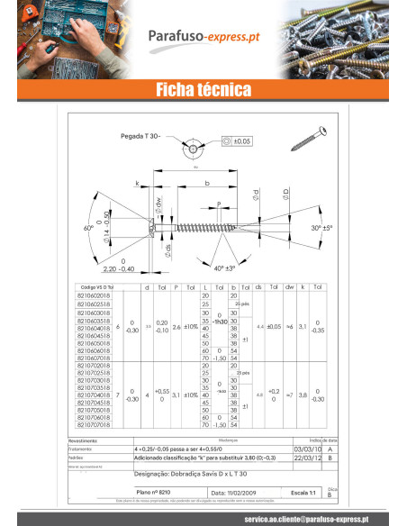 PARAFUSO dobradiça 7X50 roscado sobre 38 TORX T30 Aço inoxidável A2