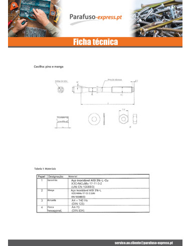 Bucha metálica Fixações M10X90 Aço inoxidável A4