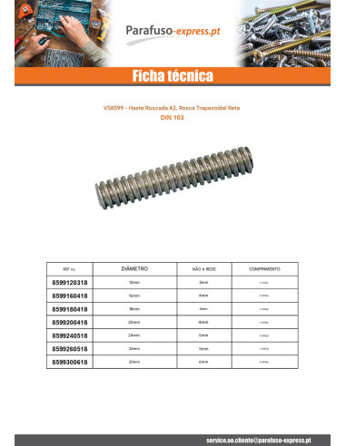 Perno roscado Aço inoxidável A2 Perno trapezoidal direita 26X5 comprimento 1 metro