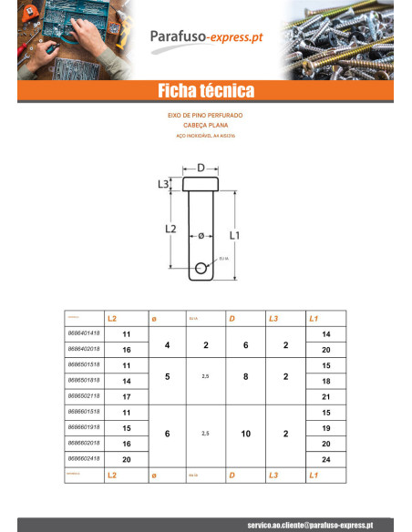Cavilha cabeça plana 8X64 perfurada 3 Aço inoxidável A4