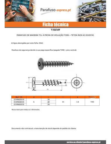 PARAFUSO dobradiça Seguro TORX T30 com pino 6X50 Aço inoxidável A2