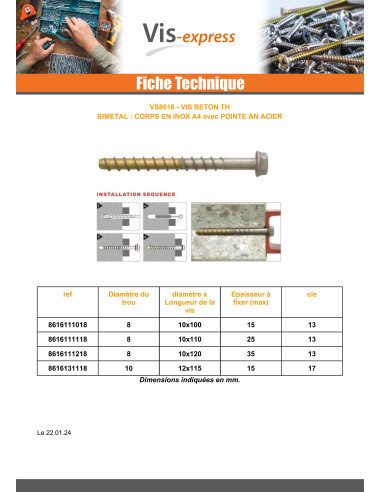 Parafuso Betão Bimetal Aço inoxidável A4 Aço bruto cabeça hexagonal 10X100
