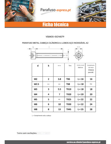 Parafuso de metais cabeça cilíndrica TORX T50 Aço inoxidável A2 M10X100 roscado sobre 32