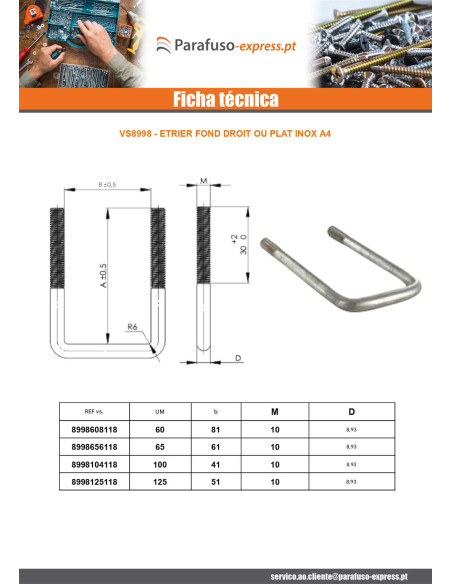 Parafuso em forma U fundo direito ou plano M10/30/30 100X41X100 Aço inoxidável A4