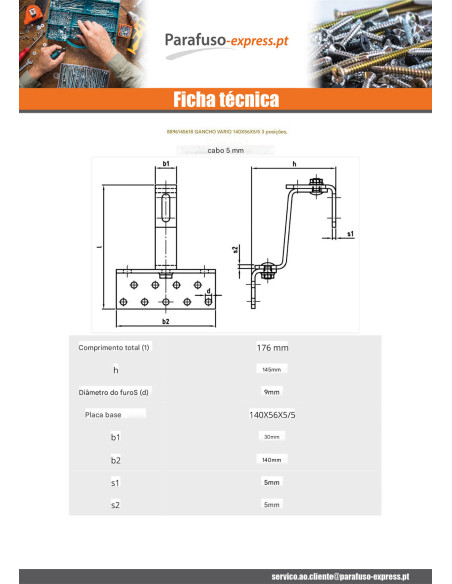 Gancho de para telhados VARIO 140X56X5 /5 Aço inoxidável A2