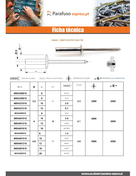 Rebite Aço inoxidável GOSTOP Cabeça redonda padrão 3,2 x 6