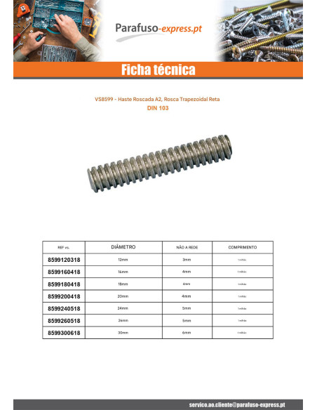 Perno roscado Aço inoxidável A2 Perno trapezoidal direita 20X4 comprimento 1 metro
