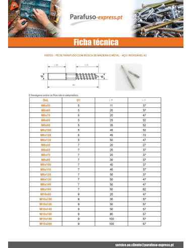 Suporte de madeira aparafusado e metais Aço inoxidável A2 6X60