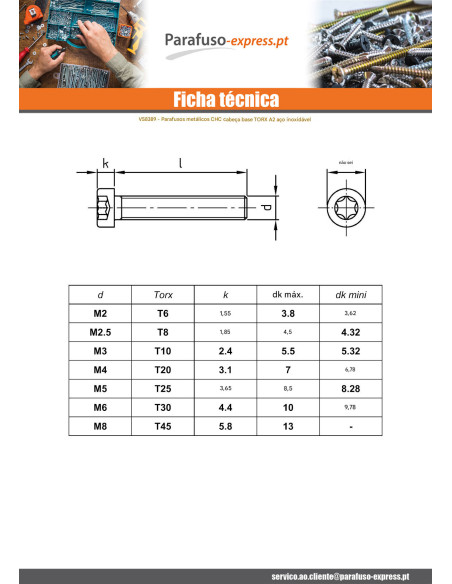 Parafuso de metais cabeça cilíndrica baixa TORX T30 M6X50 roscado sobre 38 Aço inoxidável A2