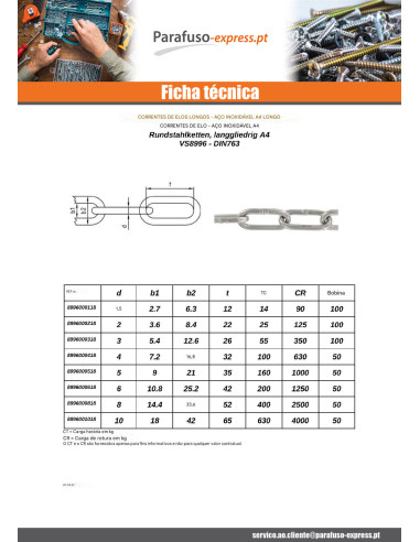 M Corrente con CORRESPONDÊNCIA longo diâmetro 4 Aço inoxidável A4 (venda ao metro)