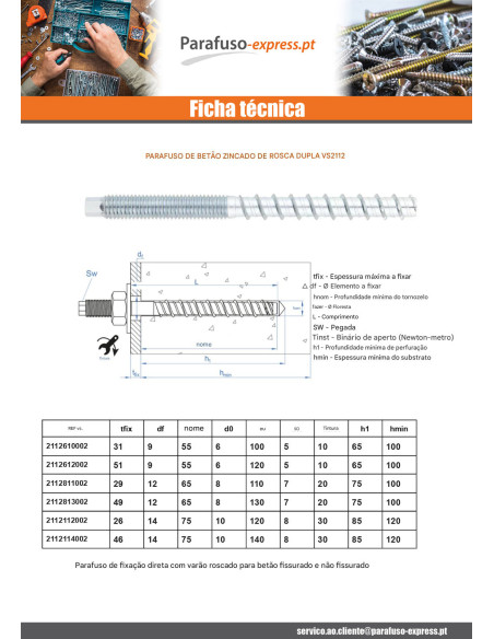 Parafuso de betão dupla roscado T7 8X110 M10 Aço zinco branco