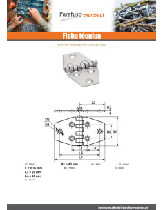 Dobradiça Tipo D 6 orifícios Aço inoxidável A2 70X40 2