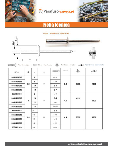 Rebite Aço inoxidável GOSTOP Cabeça redonda padrão 3,2 x 8