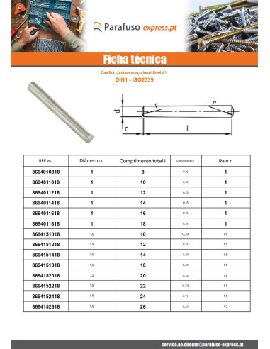 Cavilha cónico 2X10 Aço inoxidável A1 - Parafuso Express