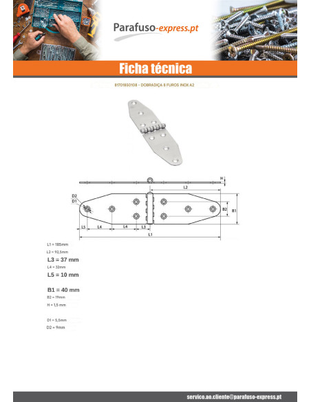 Dobradiça dupla oval 8 orifícios Aço inoxidável A2 185X92,5