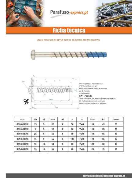 Parafuso de betão cabeça cilíndrica TORX T40 6X60 Bimetal