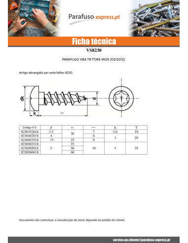 Parafuso de madeira aglomerado Aço inoxidável A2 cabeça redonda 4X45 TORX T20