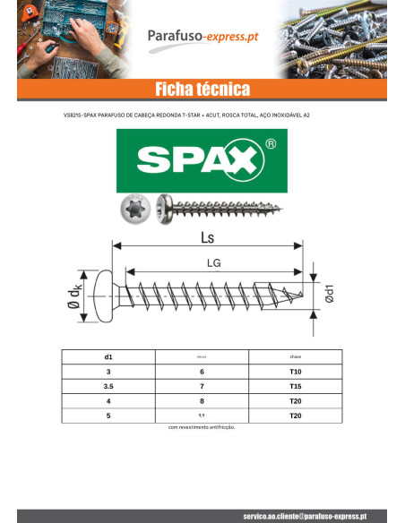 Spax Parafuso de madeira cabeça redonda T-STAR+ TORX T20 5X40 Aço inoxidável A2