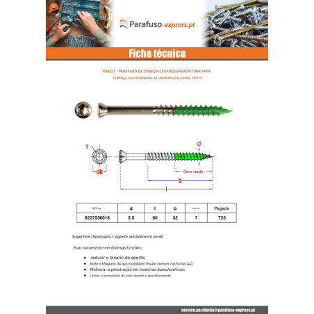 Parafuso de terraço pico cut cabeça fresada TORX T25 5,5 x 60 roscado sobre 32 Aço inoxidável A4 antifricção