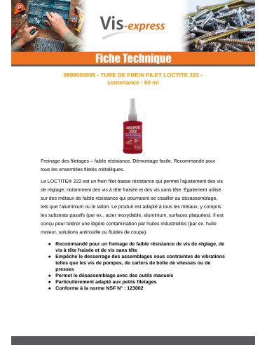 Freio roscado baixa resistência 50 ml LOCTITE 222