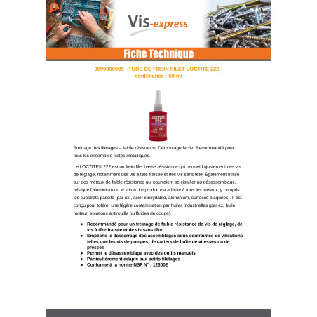 Freio roscado baixa resistência 50 ml LOCTITE 222