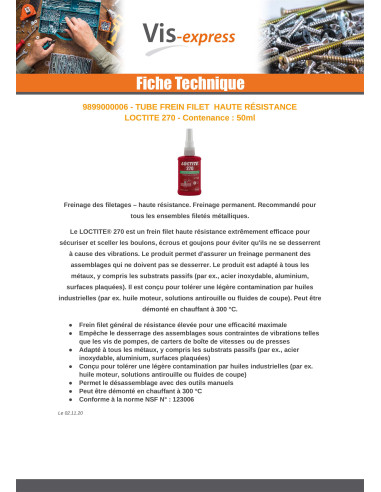 Freio roscado alta resistência 50 ml LOCTITE 270