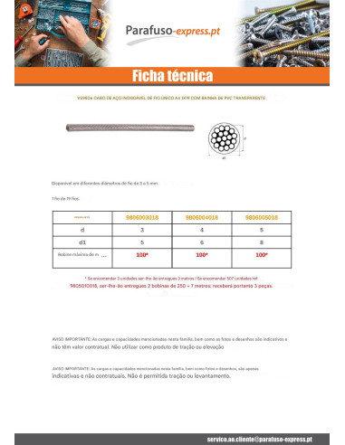Metro de cabo mono diâmetro 5 Aço inoxidável A4 BAINHA PVC (venda ao metro)
