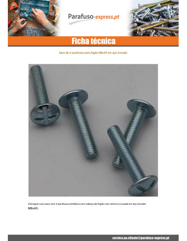 Saco 4 Parafuso de metais cabeça de cogumelo M8X40 Aço zinco branco