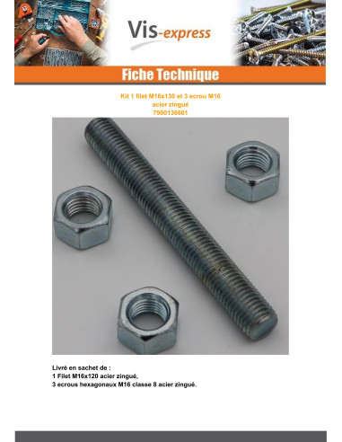 KIT 1 Perno M16X120 com 3 Porca M16 Aço zinco branco