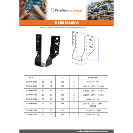 Suporte para vigas em forma de U con Asas exterior 63X158 Aço zinco preto
