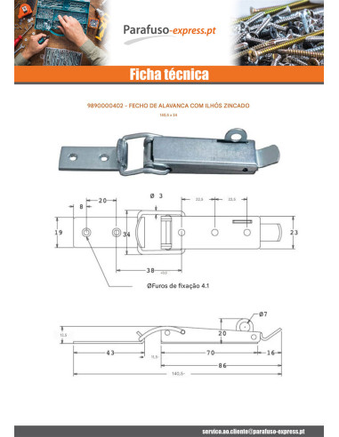 Trava con alavanca com ilhó Aço zinco branco 140,5 X 34
