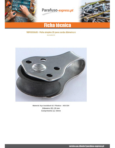 POLIA SIMPLES de 25 Aço inoxidável A2 CORDA de 6