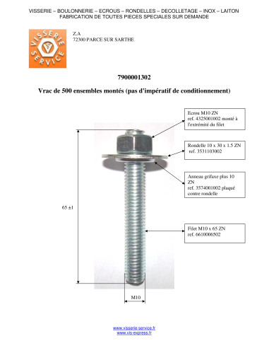 Perno M10X65 com Porca + Rondela + GRIFAXE Aço zinco branco