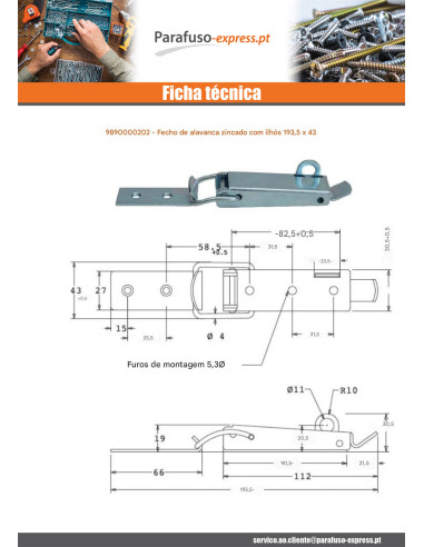Trava con alavanca com ilhó Aço zinco branco 193,5 X 43