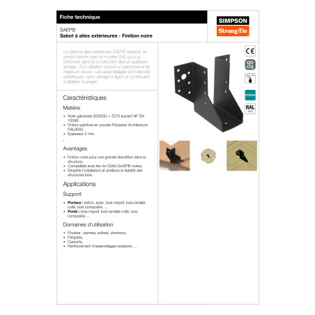 Suporte de montagem SIMPSON Strong Tie ASAS exterior 46X77 espessura 2 RAL9005 preto escuro