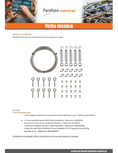Kit di 30 metri di cavo in acciaio inox diametro 2