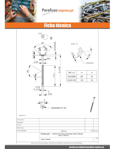 Parafuso médio cabeça fresada dentado TORX T25 5X80 roscado sobre 53 Aço zinco branco