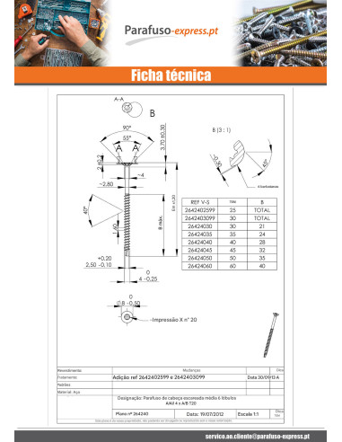 Parafuso médio cabeça fresada dentado TORX T20 4X60 roscado sobre 40 Aço zinco branco