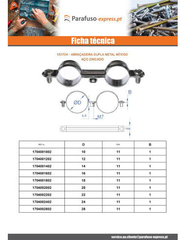 Abraçadeira dupla de metal para mangueira M7X150 diâmetro 12 Aço zinco branco
