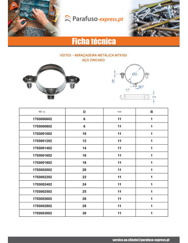 Abraçadeira de mangueira metálica M7X150 diâmetro 6 Aço zinco branco