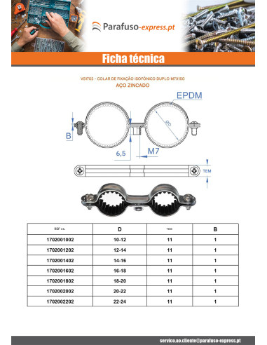 Colar de fixação duplo à prova de som M7X150 diâmetro 20 Aço zinco branco