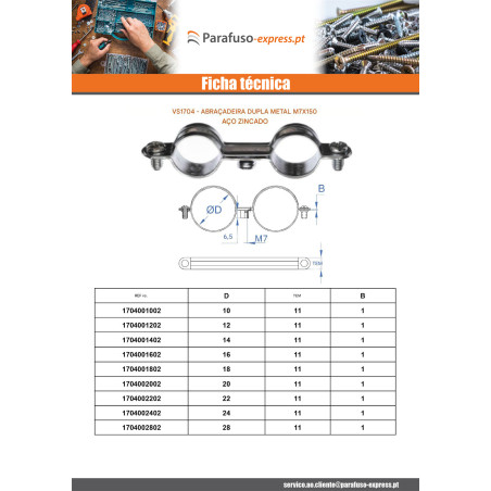 Abraçadeira dupla de metal para mangueira M7X150 diâmetro 20 Aço zinco branco