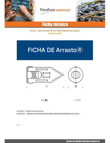 Cavilha de prego para tábua de gesso cartonado 10,5 x 30 com PARAFUSO RAWLPLUG