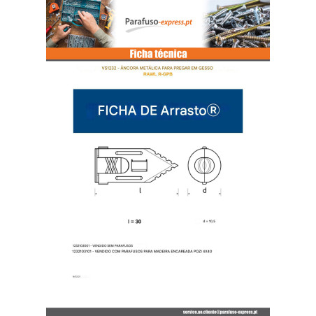 Cavilha de prego para tábua de gesso cartonado 10,5 x 30 com PARAFUSO RAWLPLUG