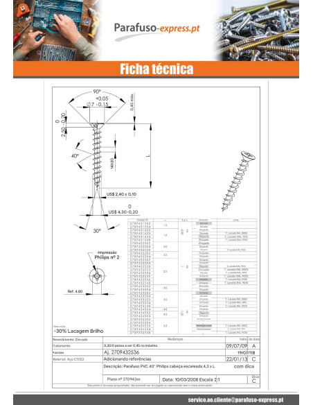 Parfuso de pvc cabeça fresada de panela phillips 4,3X15 Autoperfurante Aço zinco branco