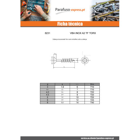 Parafuso de madeira aglomerado Aço inoxidável A2 cabeça fresada 4X35 rosca total TORX T20