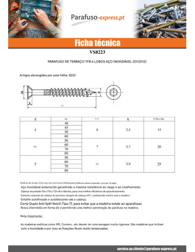 Parafuso de terraço pico cut TEKOR cabeça fresada de panela TORX T25 5X60 cut ponto antifenda tipo 17 Aço